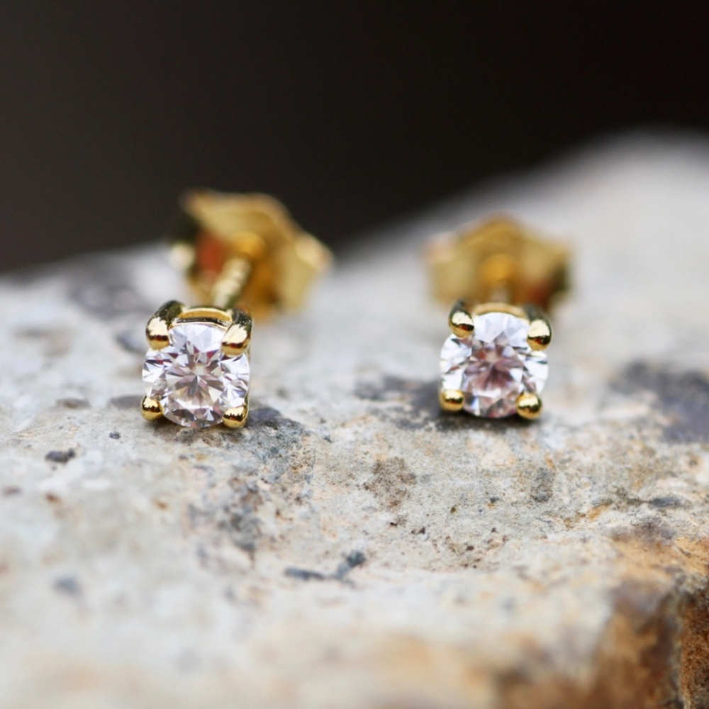 New Tiny Moissanite Stud Earrings, Yellow Gold over Sterling Silver, D VVS - Picture 6 of 8